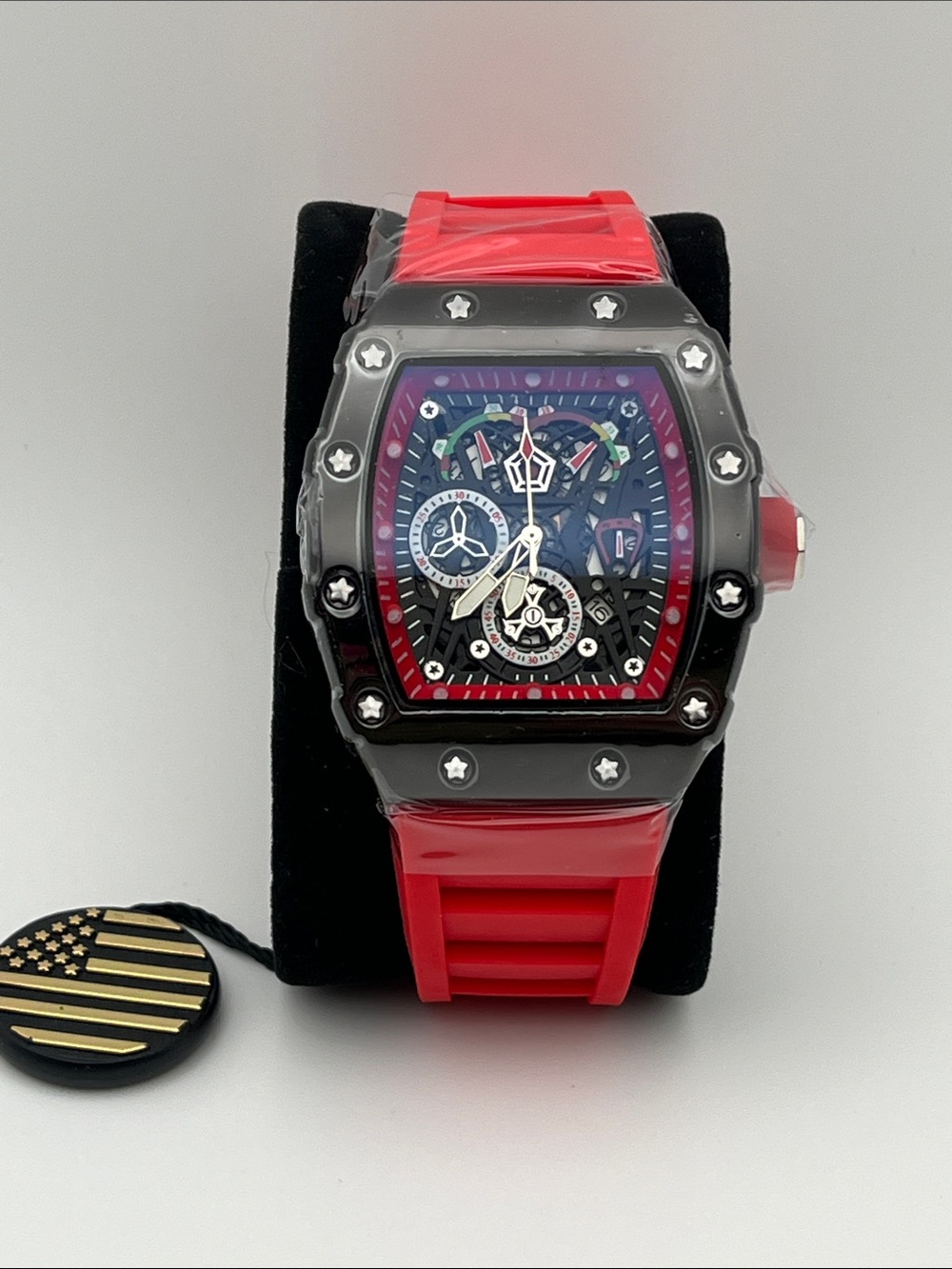 Red Skeleton-Style Sport Watch with Black Bezel